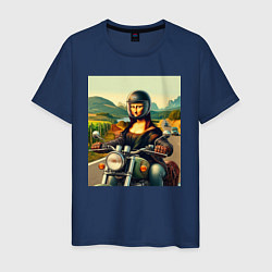 Футболка хлопковая мужская Mona Lisa on a motorcycle - ai art, цвет: тёмно-синий