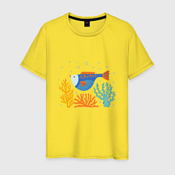 Футболка хлопковая мужская Рыбка в кораллах, цвет: желтый