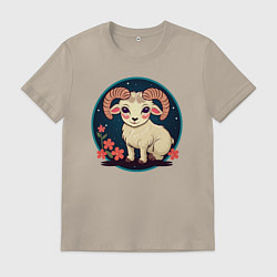 Футболка хлопковая мужская Барашек знак зодиака Овен на фоне цветов, цвет: миндальный