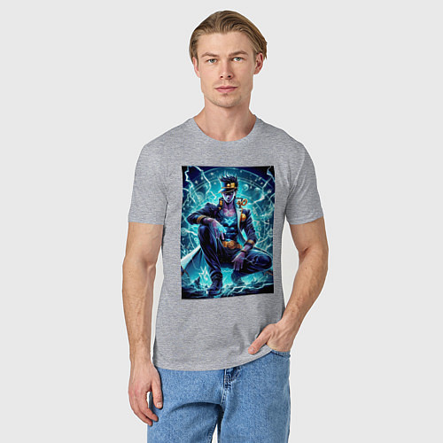 Мужская футболка Jotaro Kujo - neon glow ai art / Меланж – фото 3