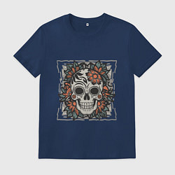 Футболка хлопковая мужская Ретро татуировка с цветами и черепом, цвет: тёмно-синий