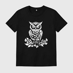 Футболка хлопковая мужская Силуэт совы с цветами, цвет: черный