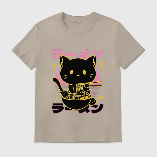 Мужская футболка Котик с лапшой / Миндальный – фото 1