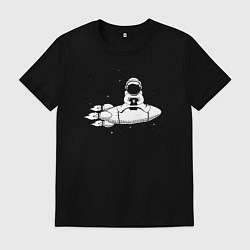 Футболка хлопковая мужская Космонавт сидит на ракете, цвет: черный