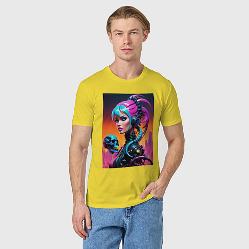 Мужская футболка Девушка в стиле киберпанк с черепом - нейросеть / Желтый – фото 3