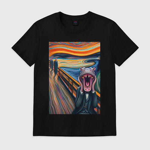 Мужская футболка Бегемот кричит - мем живопись от нейросети / Черный – фото 1
