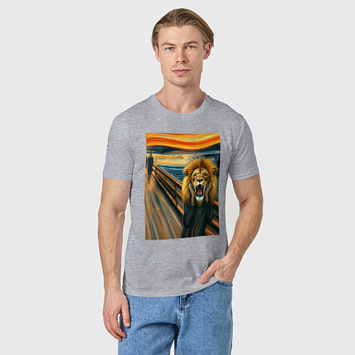 Мужская футболка Лев кричит - мем картина от нейросети / Меланж – фото 3