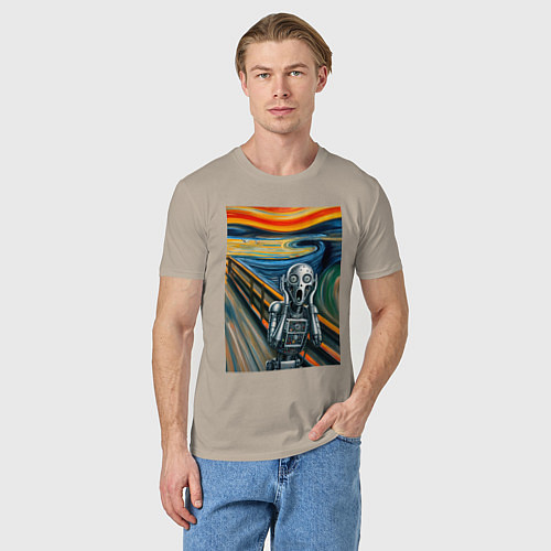 Мужская футболка Робот кричит - мем нейросеть / Миндальный – фото 3