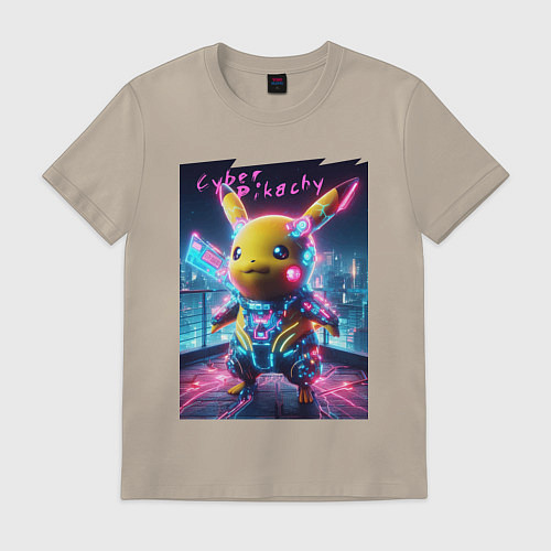Мужская футболка Cyber Pikachu - neon glow ai art fantasy / Миндальный – фото 1