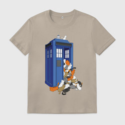 Футболка хлопковая мужская Тардис и котики, цвет: миндальный