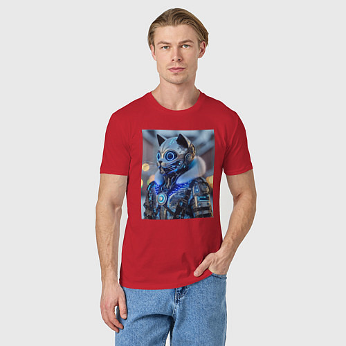 Мужская футболка Cyber cat - ai art fantasy / Красный – фото 3