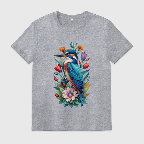 Мужская футболка Птица зимородок среди цветов / Меланж – фото 1