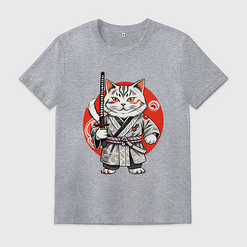 Мужская футболка Ниндзя кот с саблей красное солнце / Меланж – фото 1