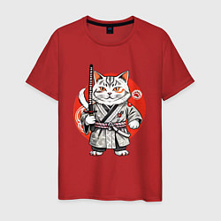 Футболка хлопковая мужская Ниндзя кот с саблей красное солнце, цвет: красный