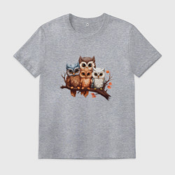 Футболка хлопковая мужская Четыре совы на ветке, цвет: меланж