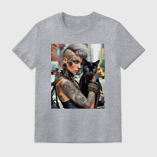 Мужская футболка Девчонка панк в татухах с чёрным котом - нейросеть / Меланж – фото 1
