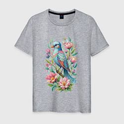 Футболка хлопковая мужская Красивая голубая птица среди цветов, цвет: меланж