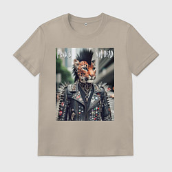 Футболка хлопковая мужская Леопард панк музыкант - нейросеть, цвет: миндальный