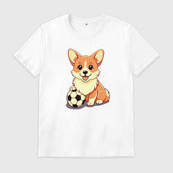 Футболка хлопковая мужская Корги с мячом, цвет: белый