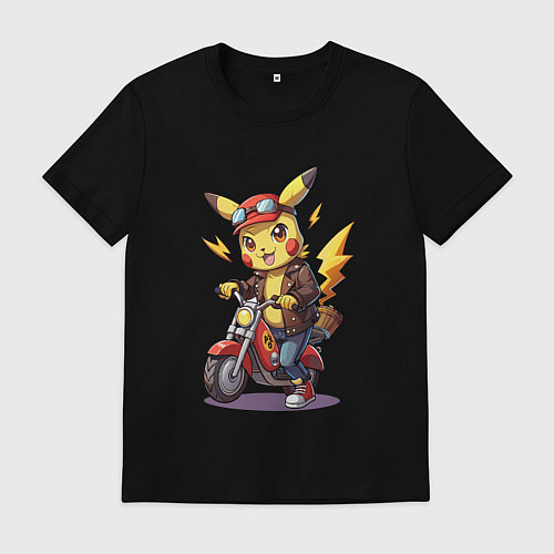 Мужская футболка Пикачу на красном мотоцикле / Черный – фото 1