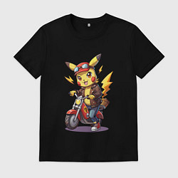 Футболка хлопковая мужская Пикачу на красном мотоцикле, цвет: черный