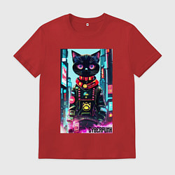 Футболка хлопковая мужская Котёнок в мегаполисе - киберпанк, цвет: красный