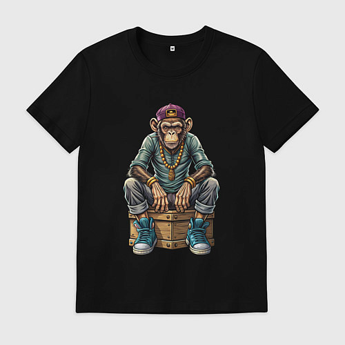 Мужская футболка Обезьяна в хип-хоп стиле сидит на ящике / Черный – фото 1