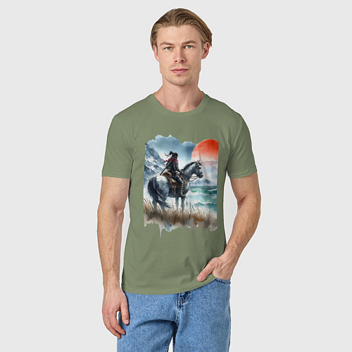 Мужская футболка Японский самурай на коне - нейросеть / Авокадо – фото 3