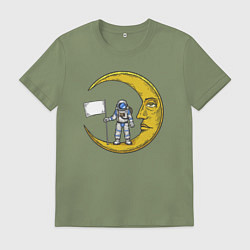 Футболка хлопковая мужская Астронавт с флагом на Луне, цвет: авокадо
