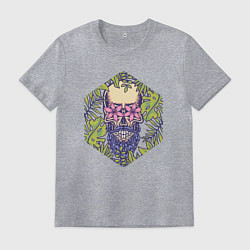 Футболка хлопковая мужская Бородатый череп хипстер в цветах, цвет: меланж