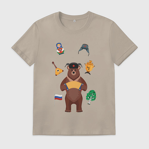 Мужская футболка Медведь с балалайкой в ушанке и матрёшка / Миндальный – фото 1