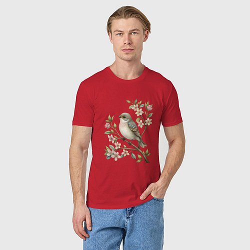 Мужская футболка Маленькая птичка на ветке с цветами / Красный – фото 3