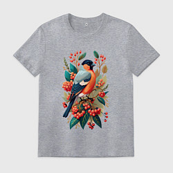 Футболка хлопковая мужская Снегирь на ветке с рябиной, цвет: меланж