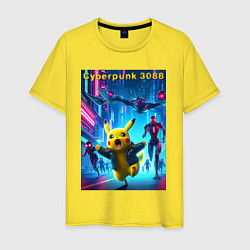 Футболка хлопковая мужская Cyberpunk 3088 - Pikachu pursuit - neon glow, цвет: желтый