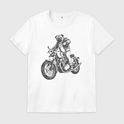 Футболка хлопковая мужская Мопс байкер на мотоцикле чоппере, цвет: белый