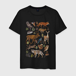 Футболка хлопковая мужская Лесные животные и птицы, цвет: черный