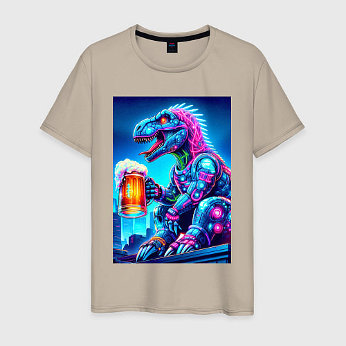 Мужская футболка Cyber tyrannosaur with a mug of beer - ai art fant / Миндальный – фото 1