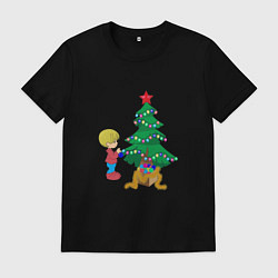 Футболка хлопковая мужская Ребенок украшает елку, цвет: черный