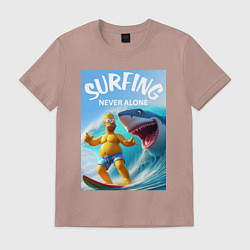 Футболка хлопковая мужская Homer Simpson and shark - surfing never alone, цвет: пыльно-розовый