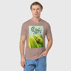 Футболка хлопковая мужская Символ 2025 года зеленая змея и надпись: с новым г, цвет: пыльно-розовый — фото 2