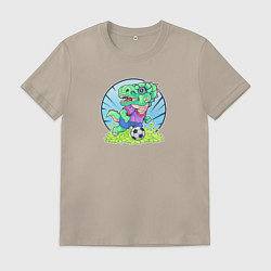 Футболка хлопковая мужская Футболист динозавр, цвет: миндальный