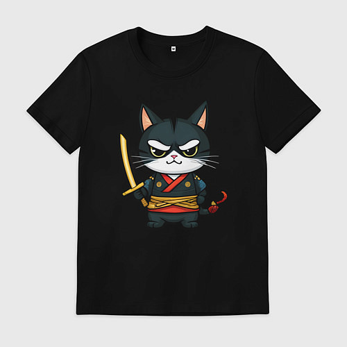 Мужская футболка Смелый кот самурай / Черный – фото 1