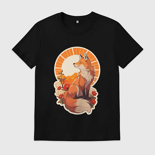 Мужская футболка Лиса и солнце в японском стиле / Черный – фото 1