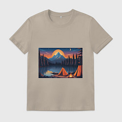 Футболка хлопковая мужская Палатка на берегу озера, цвет: миндальный
