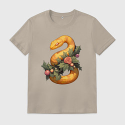 Футболка хлопковая мужская Жёлтая змея в листьях, цвет: миндальный