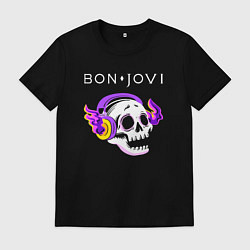 Футболка хлопковая мужская Bon Jovi - неоновый череп, цвет: черный