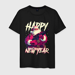 Футболка хлопковая мужская Happy New Year Santa Claus with weapon, цвет: черный