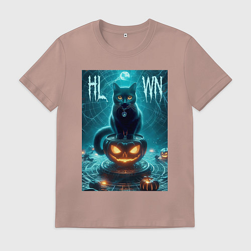 Мужская футболка Чёрный кот сидит на тыкве - хэллоуин / Пыльно-розовый – фото 1