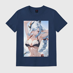 Футболка хлопковая мужская Геншин Шэнь Хэ купальник, цвет: тёмно-синий