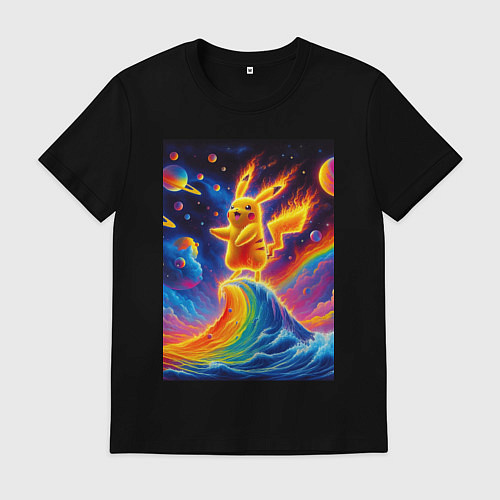 Мужская футболка Огненный Пикачу на волне - нейроарт фантазия / Черный – фото 1